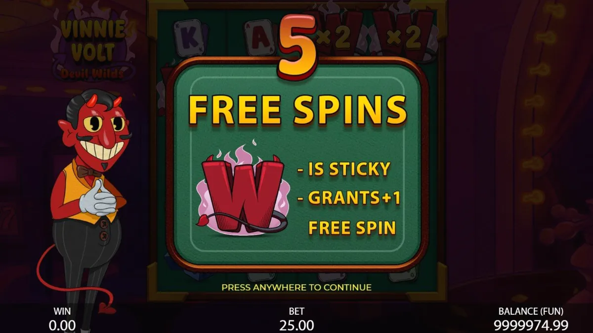 Tampilan layar permainan slot Vinnie Volt: Devil Wilds dengan tema kartun devil vintage.
